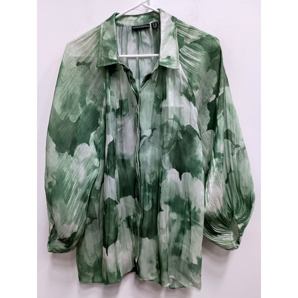 Susan Graver Occasions Blouse Womens Large Petite Green Floral Cottage Event Top
